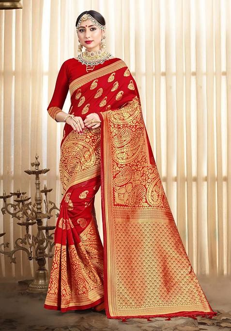 Red Woven Design Banarasi Art Silk Saree Set