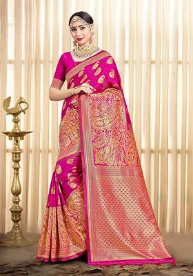 Pink Woven Design Banarasi Art Silk Saree Set