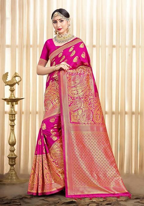 Pink Woven Design Banarasi Art Silk Saree Set