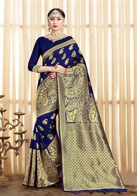 Dark Blue Woven Design Banarasi Art Silk Saree Set