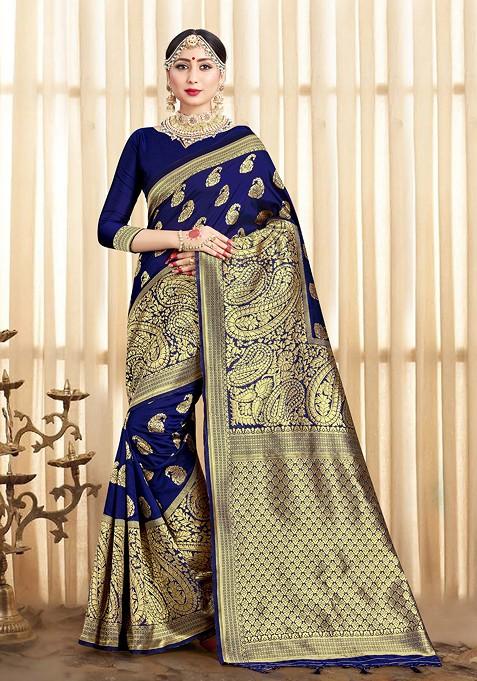 Dark Blue Woven Design Banarasi Art Silk Saree Set