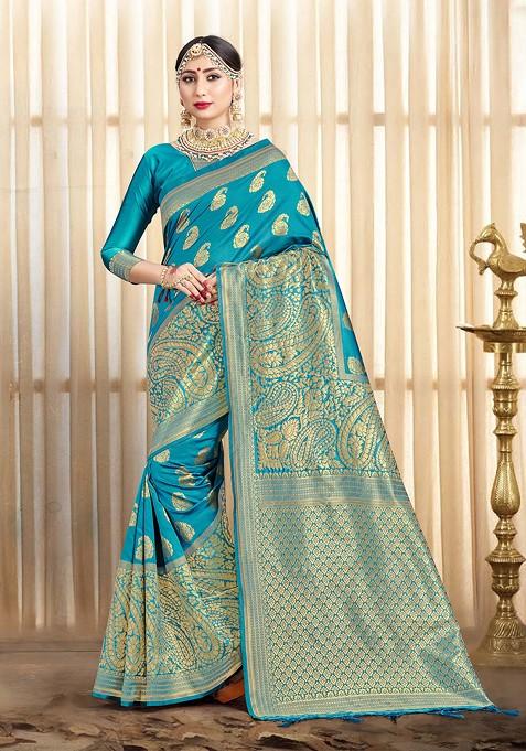 Turquoise Blue Woven Design Banarasi Art Silk Saree Set