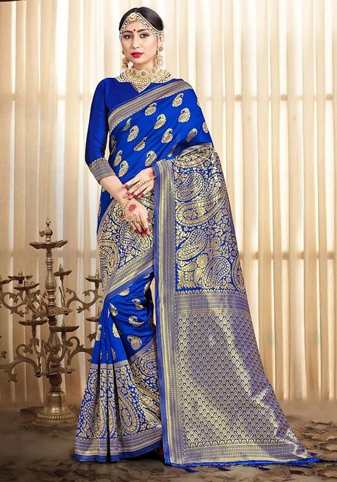 Blue Woven Design Banarasi Art Silk Saree Set