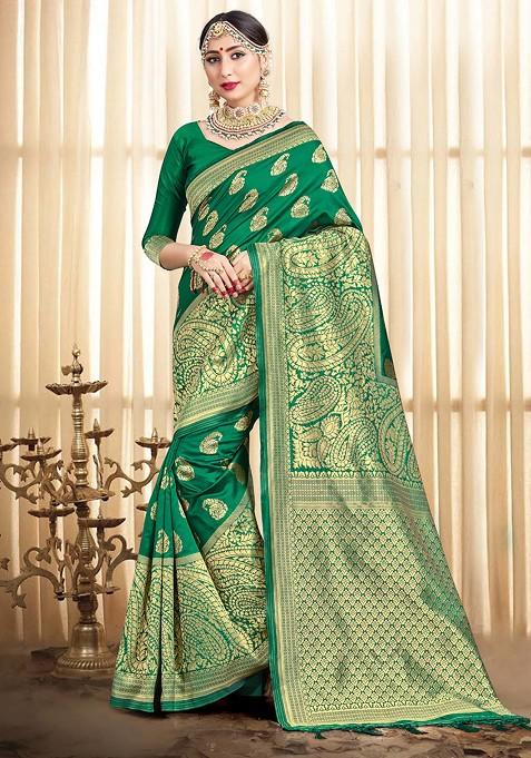 Green Woven Design Banarasi Art Silk Saree Set