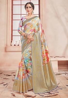 Beige Digital Print Woven Banarasi Art Silk Saree Set