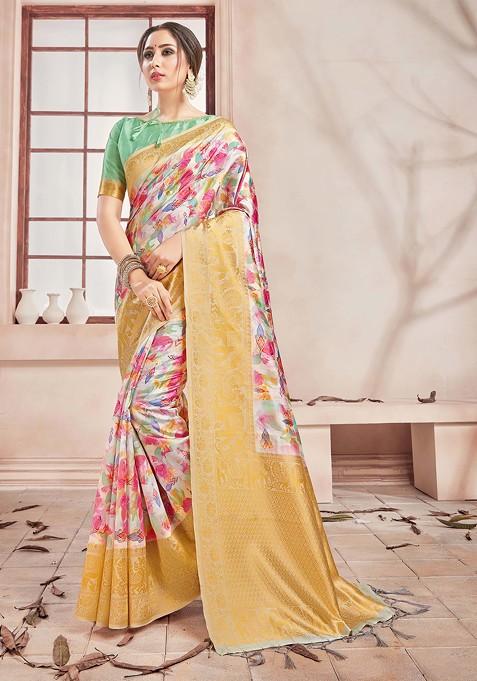 Multicolour Digital Print Woven Banarasi Art Silk Saree Set