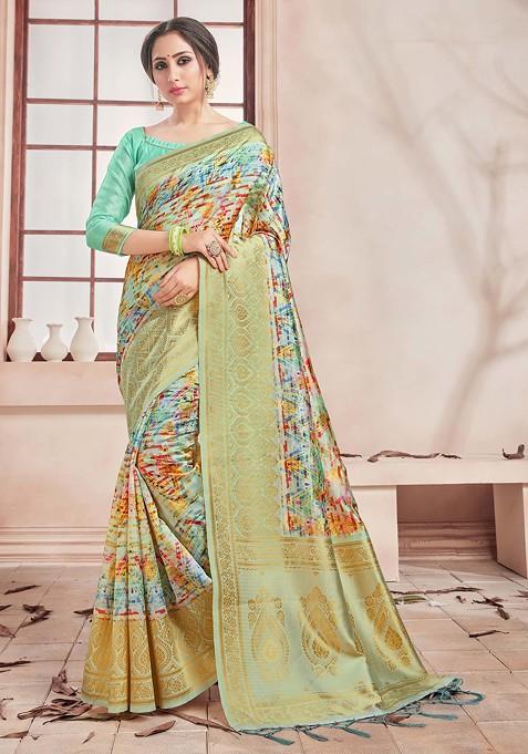 Multicolour Digital Print Woven Banarasi Art Silk Saree Set