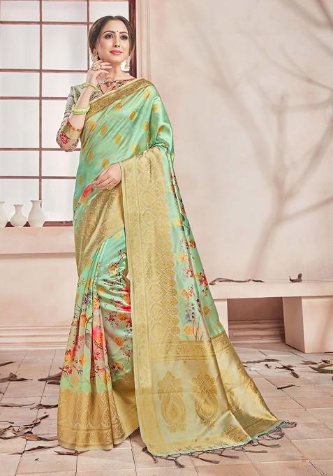 Green Digital Print Woven Banarasi Art Silk Saree Set