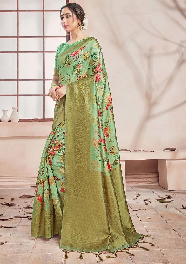 Olive Green Digital Print Woven Banarasi Art Silk Saree Set