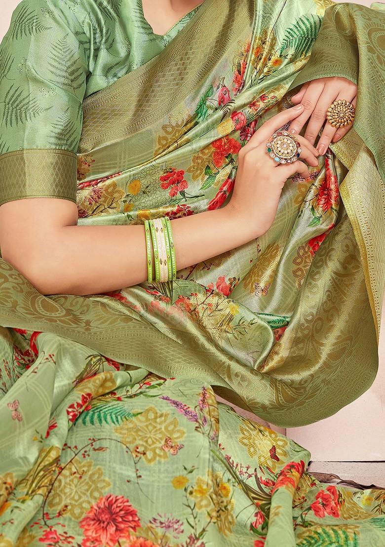 Olive Green Digital Print Woven Banarasi Art Silk Saree Set