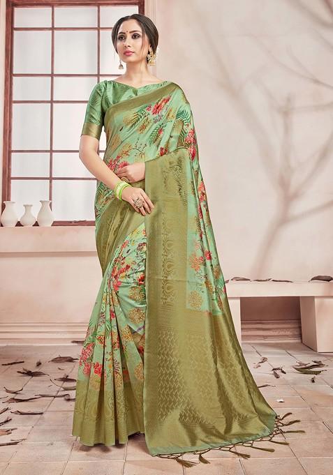 Olive Green Digital Print Woven Banarasi Art Silk Saree Set