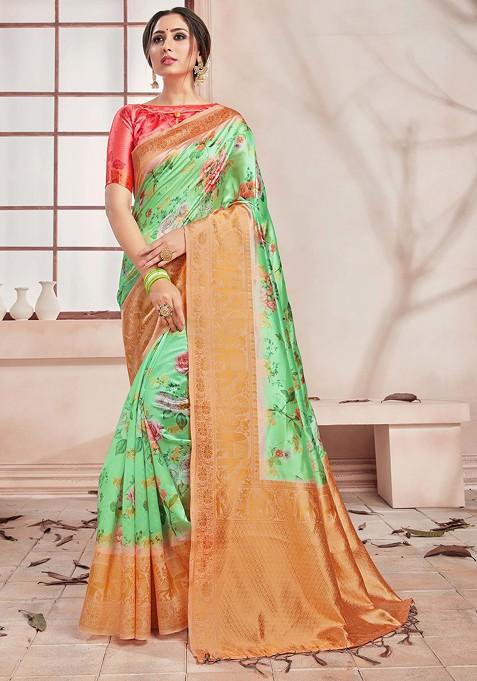 Green Digital Print Woven Banarasi Art Silk Saree Set