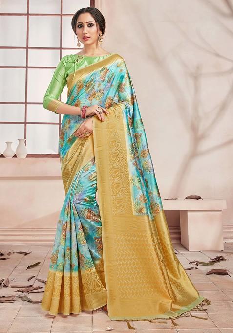 Turquoise Digital Print Woven Banarasi Art Silk Saree Set