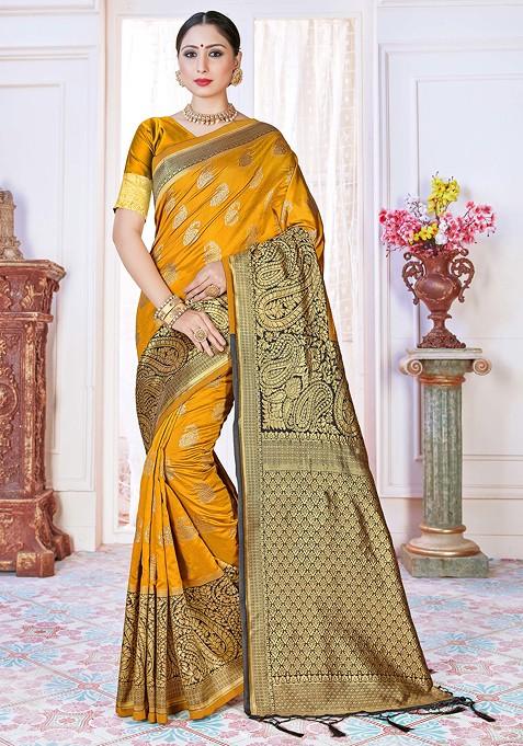 Mustard Yellow Woven Design Banarasi Art Silk Saree Set