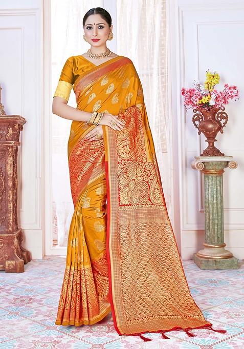 Orange Woven Design Banarasi Art Silk Saree Set