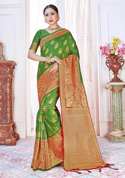 Green Woven Design Banarasi Art Silk Saree Set