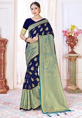 Navy Blue Woven Design Banarasi Art Silk Saree Set