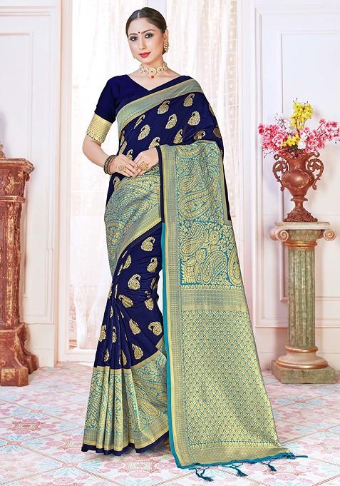 Navy Blue Woven Design Banarasi Art Silk Saree Set