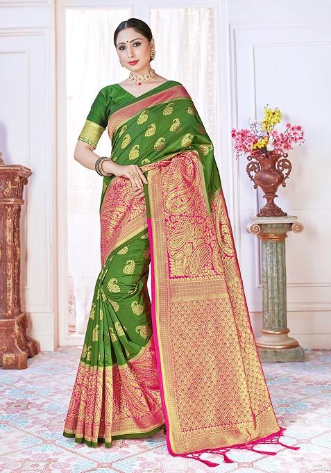 Green Woven Design Banarasi Art Silk Saree Set