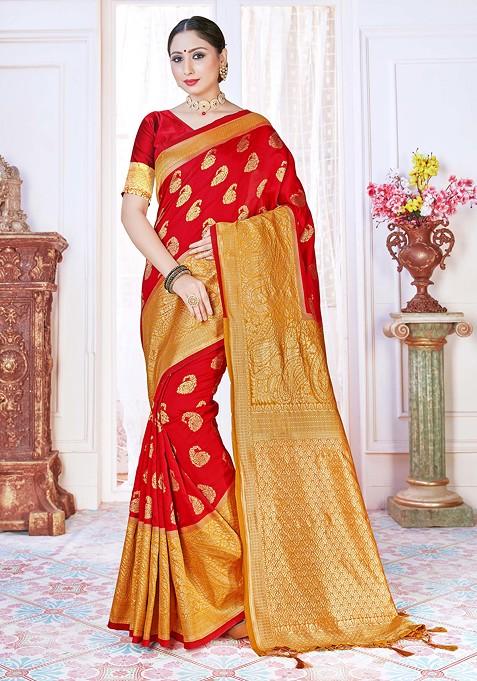 Red Woven Design Banarasi Art Silk Saree Set