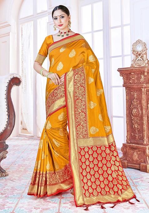 Mustard Yellow Woven Work Banarasi Art Silk Saree Set