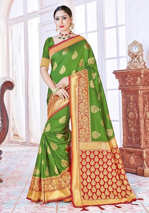 Green Woven Design Banarasi Art Silk Saree Set