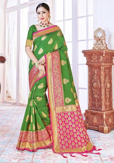 Green Woven Design Banarasi Art Silk Saree Set