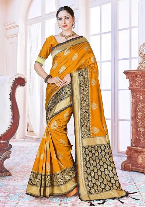 Mustard Woven Design Banarasi Art Silk Saree Set