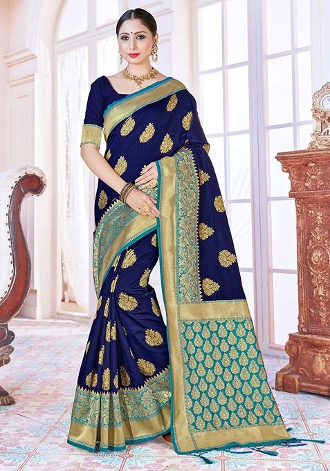 Navy Blue Woven Design Banarasi Art Silk Saree Set