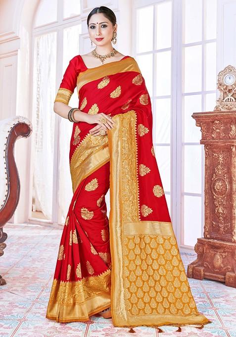 Red Woven Design Banarasi Art Silk Saree Set