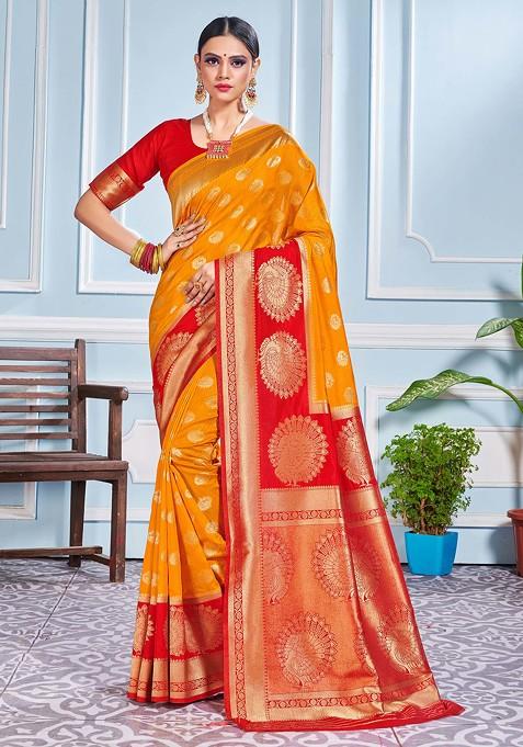 Orange Woven Design Banarasi Art Silk Saree Set