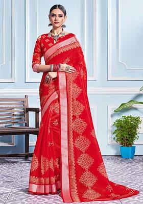 Red Printed Cotton Silk Saree Set