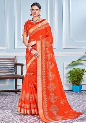 Orange Printed Cotton Silk Saree Set