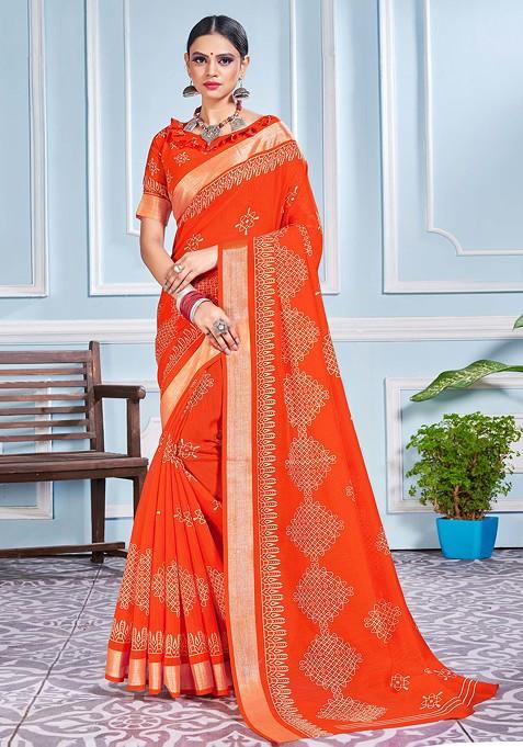 Orange Printed Cotton Silk Saree Set