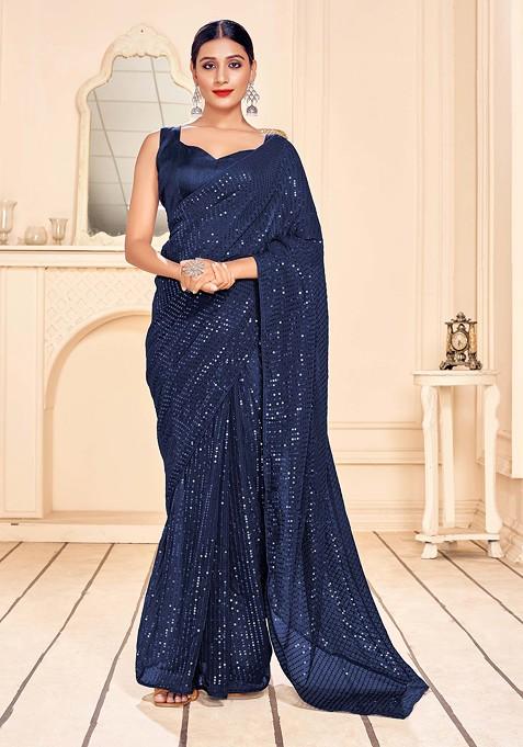 Navy Blue Embroidered Faux Georgette Saree Set