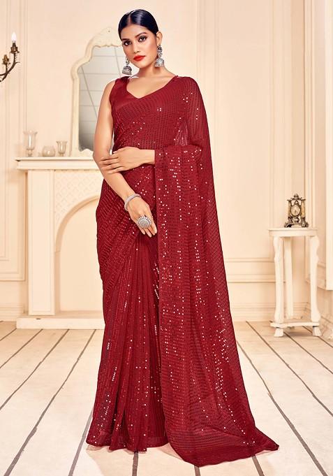Red Embroidered Faux Georgette Saree Set