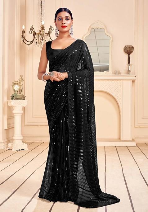 Black Embroidered Faux Georgette Saree Set