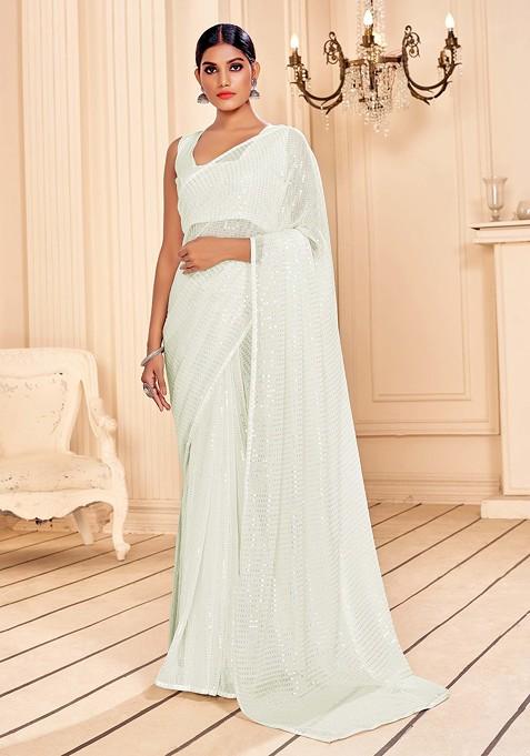 White Embroidered Faux Georgette Saree Set