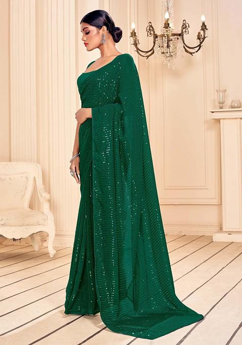 Green Embroidered Faux Georgette Saree Set