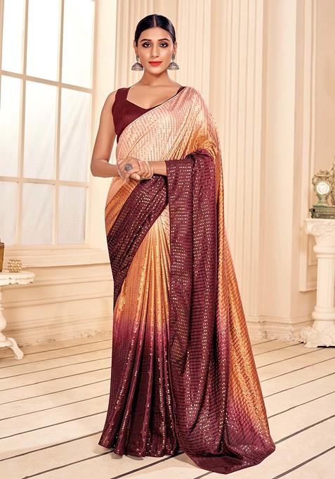 Rust Embroidered Art Silk Saree Set