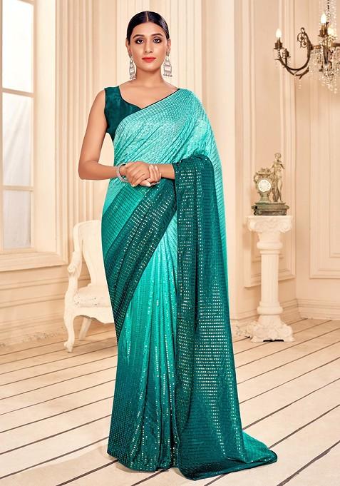 Teal Embroidered Art Silk Saree Set