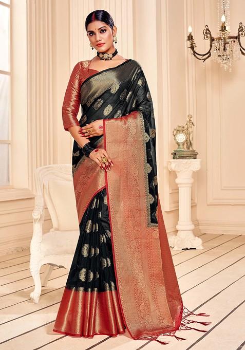 Black Woven Work Banarasi Art Silk Saree Set