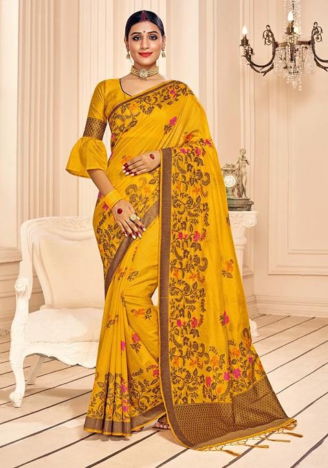 Orange Woven Work Banarasi Art Silk Saree Set