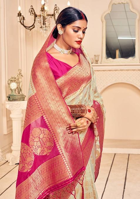 Cream Woven Work Banarasi Art Silk Saree Set