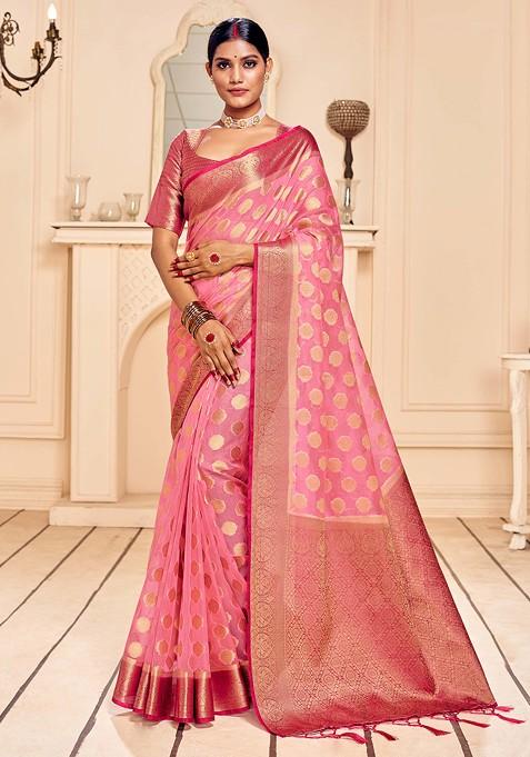 Pink Woven Work Banarasi Art Silk Saree Set