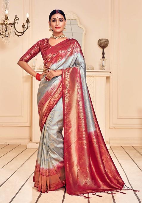 Grey Woven Work Banarasi Art Silk Saree Set