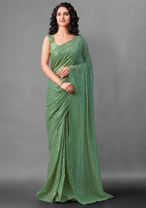 Olive Green Woven Work Faux Georgette Saree Set