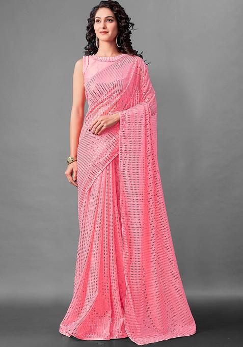 Pink Woven Work Faux Georgette Saree Set