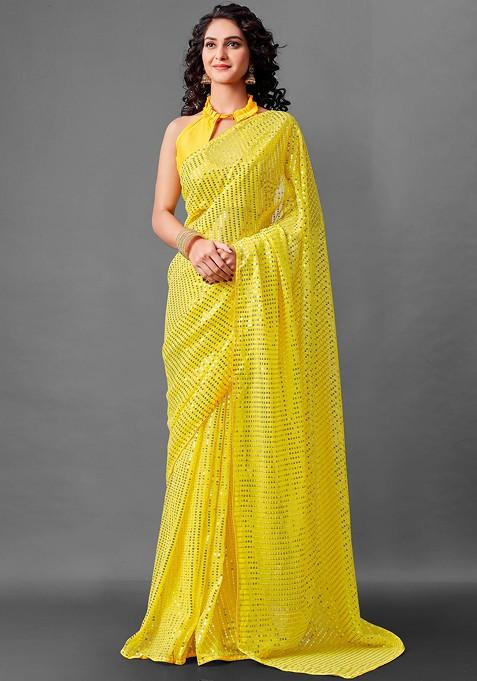 Yellow Woven Work Faux Georgette Saree Set