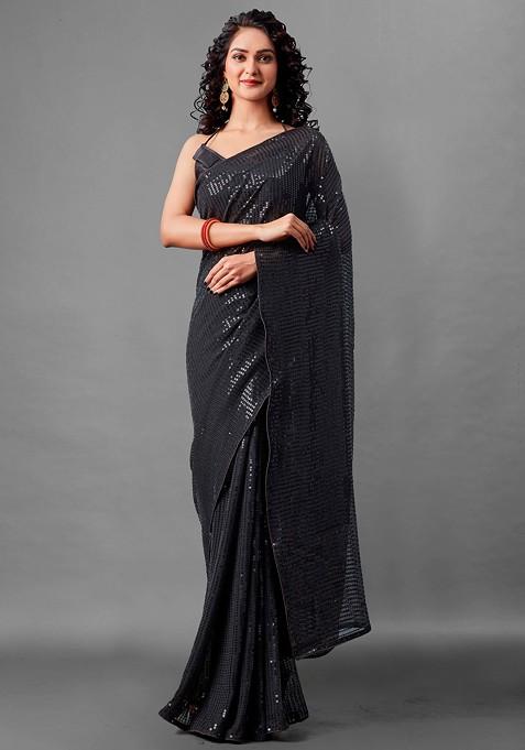 Black Woven Work Faux Georgette Saree Set